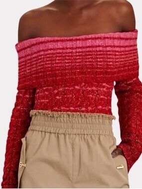 Staud Myrna Off-Shoulder Red and Pink Knit Sweater Top Women’s Medium